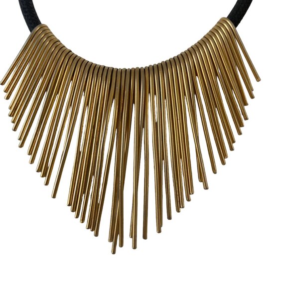 Statement kinetic necklace gold tone with black rope Paddle Fringe - Picture 2 of 5